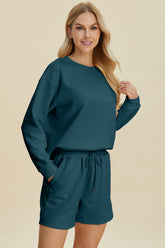 Double Take Full Size Texture Round Neck Long Sleeve Top and Shorts Set OutfitFlow